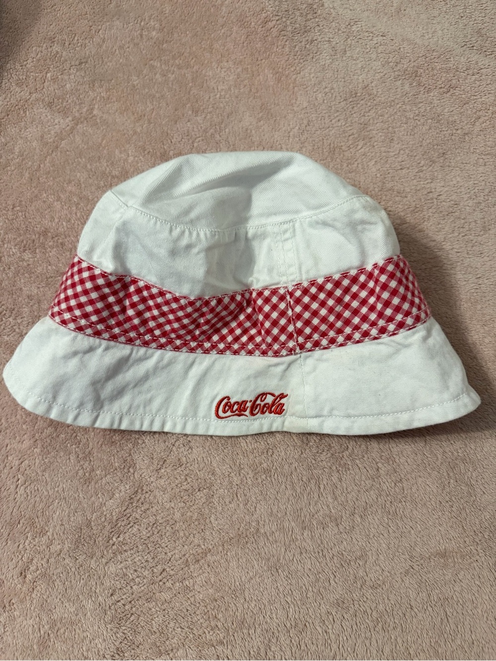 Coca Cola White Bucket Hat with Red Gingham Band